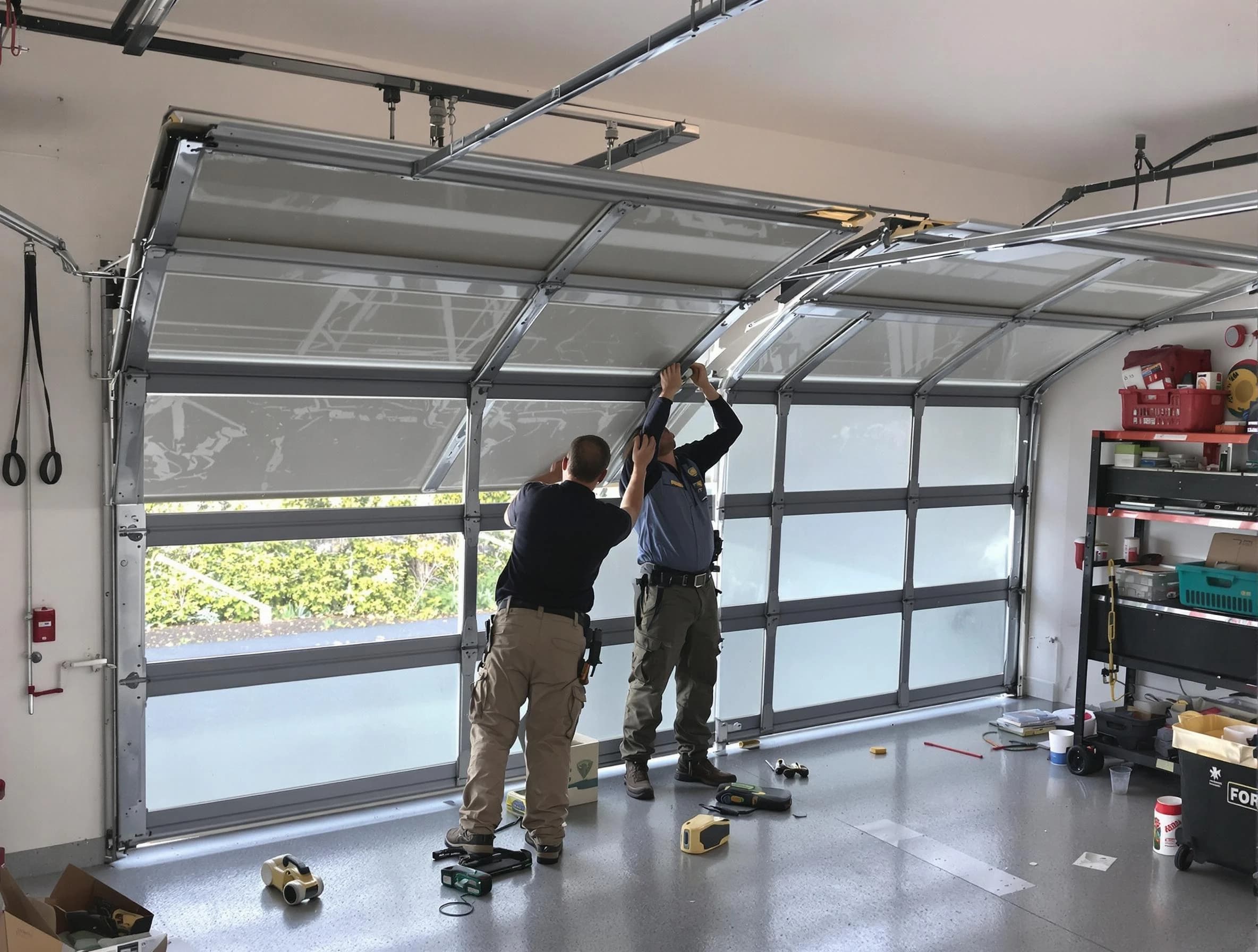 Guthrie Garage Door Repair expert performing precise panel replacement on Guthrie garage door