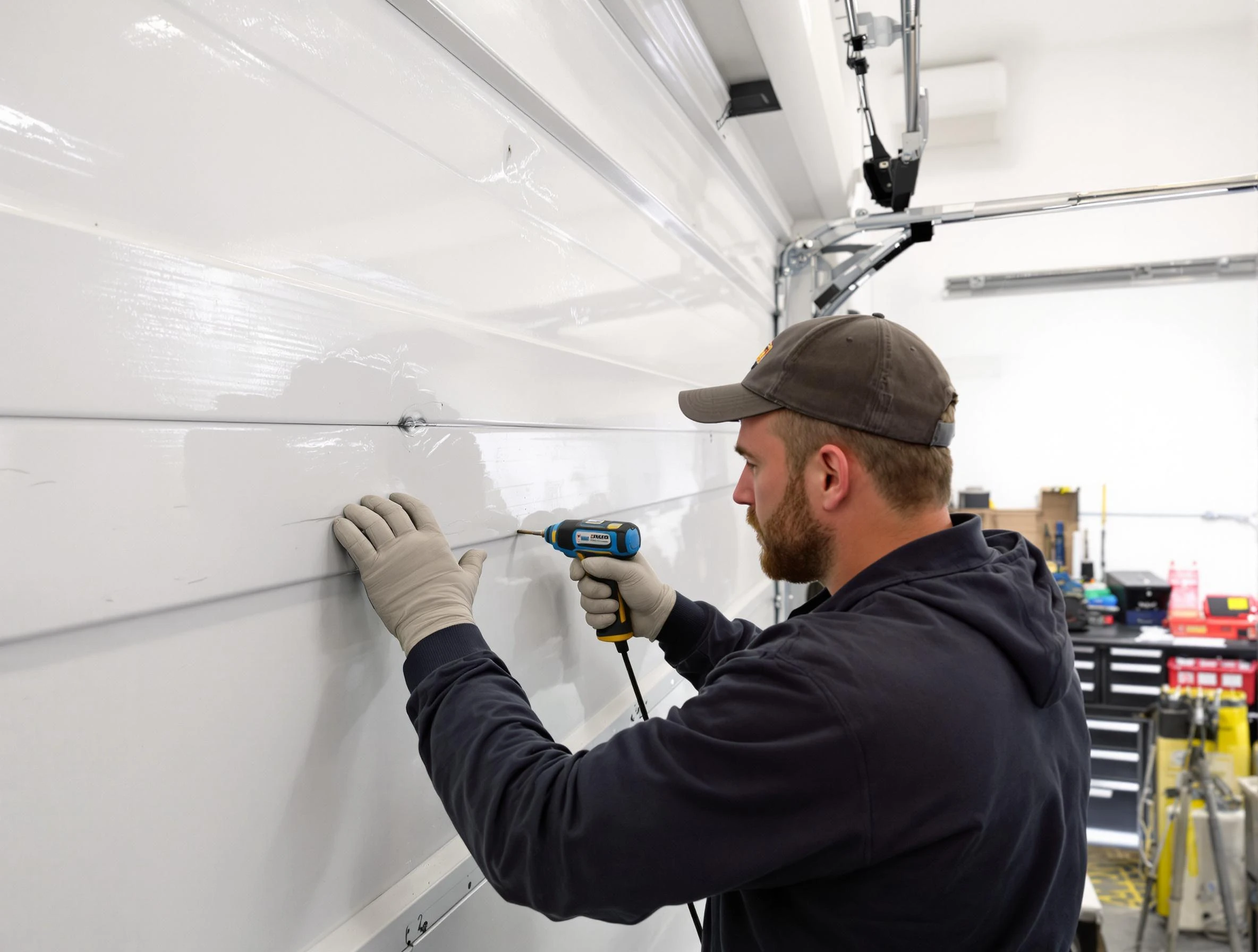 Guthrie Garage Door Repair technician demonstrating precision dent removal techniques on a Guthrie garage door