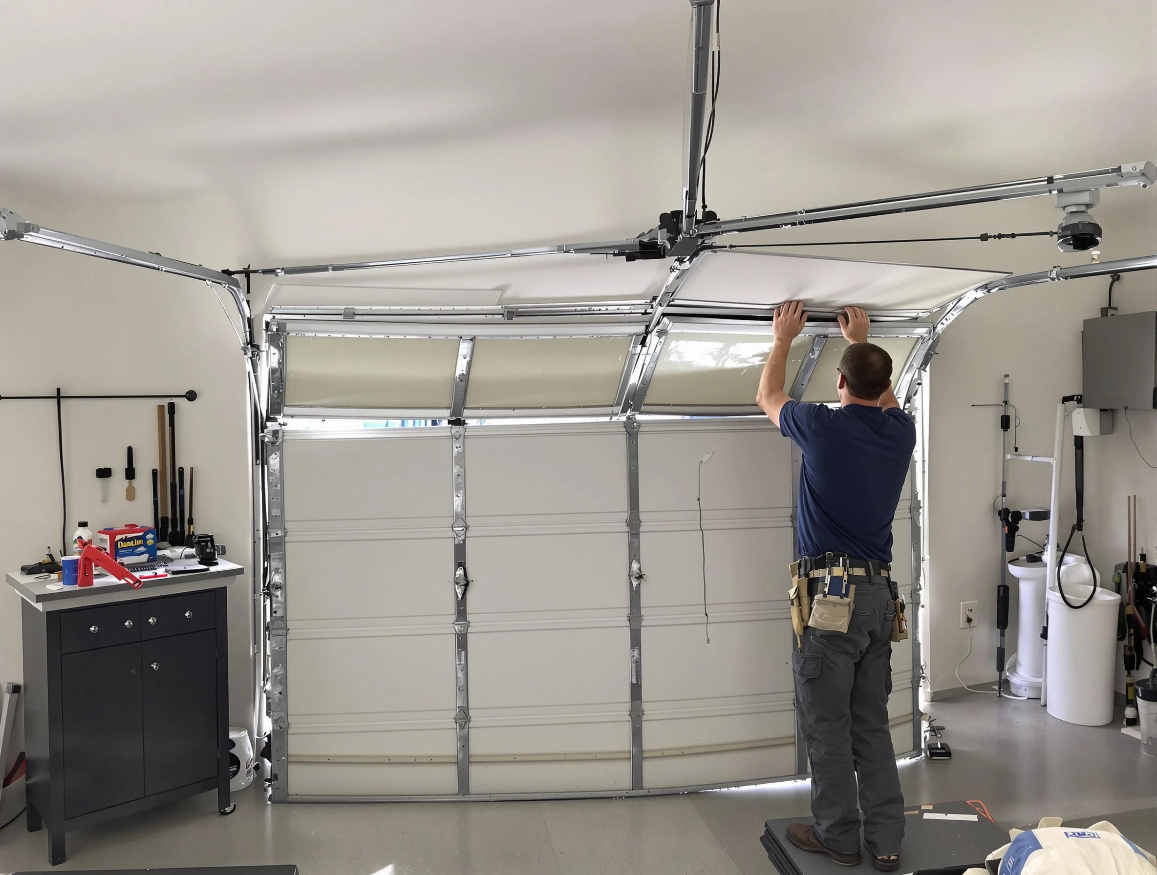 Guthrie Garage Door Repair specialist performing precise section replacement on Guthrie garage door